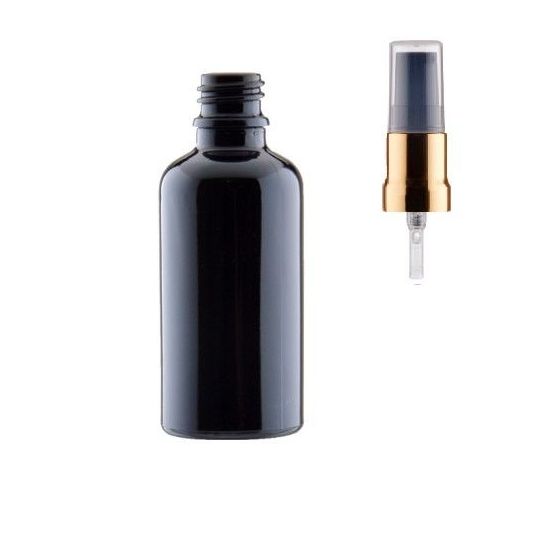 Juodo stiklo buteliukas su auksine pompa 50ml